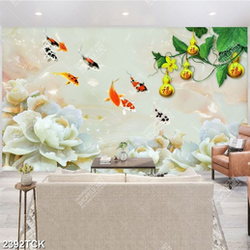 Tranh decor bông hoa mẫu đơn giả ngọc và đàn cá chép