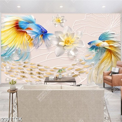 Tranh hồ sen hồng và đàn cá sim betta quẩy đuôi xinh đẹp