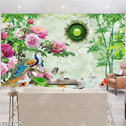 Tranh đôi chim công bên hồ cá chép vàng in tường