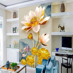 Tranh in tường chú cá chép bên bông hoa sen giả ngọc Tranh in tường chú cá chép bên bông hoa sen giả ngọc