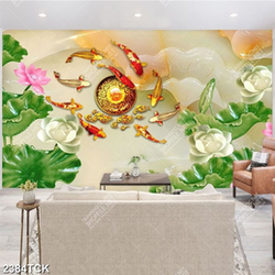 Tranh nghệ thuật hoa sen và đàn cá chép nhiều màu sắc Tranh nghệ thuật hoa sen và đàn cá chép nhiều màu sắc