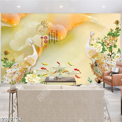 Tranh in uv đàn cá chép bơi tung tăng bên chim công Tranh in uv đàn cá chép bơi tung tăng bên chim công