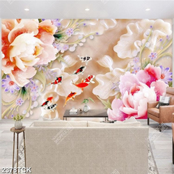 Tranh psd hoa mẫu đơn giả ngọc bên đàn cá chép vàng Tranh psd hoa mẫu đơn giả ngọc bên đàn cá chép vàng