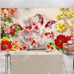 Tranh decor mẫu đơn và đàn cá chép giả ngọc trong đầm Tranh decor mẫu đơn và đàn cá chép giả ngọc trong đầm