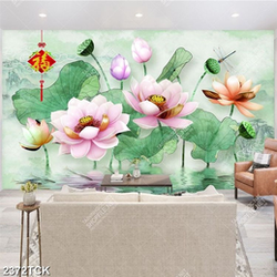 Tranh những bông sen giả ngọc trong hồ cá chép in 5d Tranh những bông sen giả ngọc trong hồ cá chép in 5d
