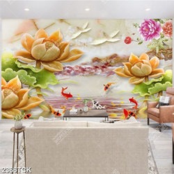 Tranh những bông hoa sen giả ngọc bên hồ cá chép in 3d Tranh những bông hoa sen giả ngọc bên hồ cá chép in 3d