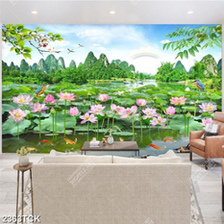 Tranh psd những bông hoa sen hồng bên chân núi xanh Tranh psd những bông hoa sen hồng bên chân núi xanh