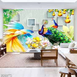 Tranh 3D chim công và cá