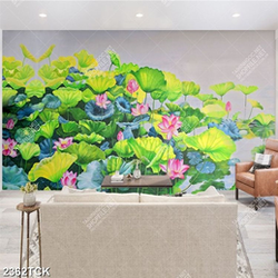 Tranh décor sơn dầu đầm hoa sen hồng giữa trời xanh Tranh décor sơn dầu đầm hoa sen hồng giữa trời xanh