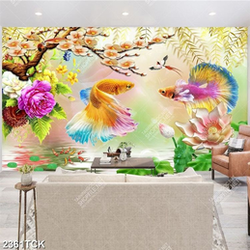 Tranh bông hoa sen trắng giả ngọc bên chú cá sim betta Tranh bông hoa sen trắng giả ngọc bên chú cá sim betta