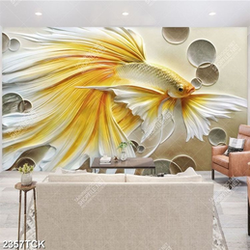 Tranh chú cá sim betta vàng quẩy đuôi dài xinh đẹp in 5d Tranh chú cá sim betta vàng quẩy đuôi dài xinh đẹp in 5d