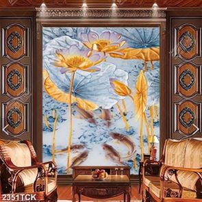 Tranh đàn cá chép bơi dưới hồ sen trắng dáp vàng in 3d Tranh đàn cá chép bơi dưới hồ sen trắng dáp vàng in 3d
