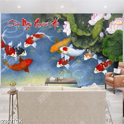 Tranh in uv đàn cá chép vàng bơi dưới hồ sen sơn dầu Tranh in uv đàn cá chép vàng bơi dưới hồ sen sơn dầu