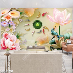 Tranh bông hoa mẫu đơn và đàn cá chép vàng bơi psd Tranh bông hoa mẫu đơn và đàn cá chép vàng bơi psd