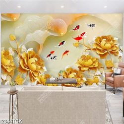 Tranh những bông hoa mẫu đơn bên cá chép khắc gỗ Tranh những bông hoa mẫu đơn bên cá chép khắc gỗ