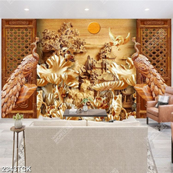 Tranh hoa sen cá chép bên anh trăng vàng trang trí tường Tranh hoa sen cá chép bên anh trăng vàng trang trí tường