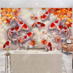 Tranh những cành lá đỏ trên mặt hồ cá chép in tường Tranh những cành lá đỏ trên mặt hồ cá chép in tường