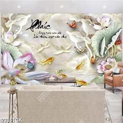 Tranh in uv đàn cá chép bơi tung tăng trong hồ hoa sen Tranh in uv đàn cá chép bơi tung tăng trong hồ hoa sen