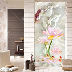 Tranh decor những bông hoa sen hồng bên hồ cá chép Tranh decor những bông hoa sen hồng bên hồ cá chép