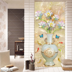 Tranh giả ngọc bình hoa sen hồng và chú bướm xanh Tranh giả ngọc bình hoa sen hồng và chú bướm xanh