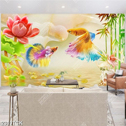 Tranh hồ hoa sen hồng khoe sắc và chú cá sim betta psd Tranh hồ hoa sen hồng khoe sắc và chú cá sim betta psd