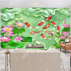 Tranh bông hoa sen hồng khoe sắc cùng đàn cá chép Tranh bông hoa sen hồng khoe sắc cùng đàn cá chép