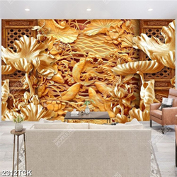 Tranh những bông hoa sen bên đàn cá chép điêu khắc gỗ Tranh những bông hoa sen bên đàn cá chép điêu khắc gỗ