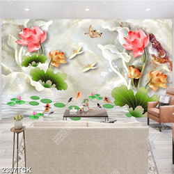 Tranh những bông hoa sen hồng bên hồ cá chép giả ngọc Tranh những bông hoa sen hồng bên hồ cá chép giả ngọc