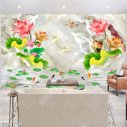 Tranh in uv đôi chim non bay trên hồ cá chép giả ngọc Tranh in uv đôi chim non bay trên hồ cá chép giả ngọc