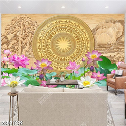 Tranh psd chiếc trống đồng bền hồ hoa sen khoe sắc Tranh psd chiếc trống đồng bền hồ hoa sen khoe sắc