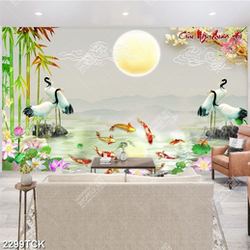 Tranh bông hoa sen cá chép dưới ánh trăng vàng giả ngọc Tranh bông hoa sen cá chép dưới ánh trăng vàng giả ngọc