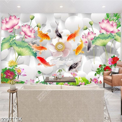 Tranh những bông hoa sen hồng bên đàn cá chép in 3d Tranh những bông hoa sen hồng bên đàn cá chép in 3d