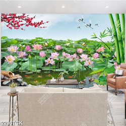 Tranh cành hoa đào trên hồ cá chép vàng và sen hồng Tranh cành hoa đào trên hồ cá chép vàng và sen hồng