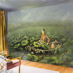 Tranh sơn dầu in canvan người con gái đang hái hoa sen Tranh sơn dầu in canvan người con gái đang hái hoa sen