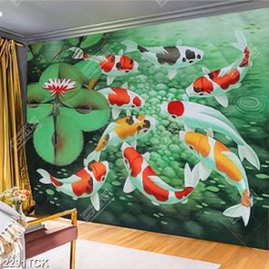 Tranh sơn dầu đàn cá chép vàng trong hồ hoa sen in 3d Tranh sơn dầu đàn cá chép vàng trong hồ hoa sen in 3d