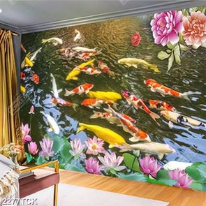 Tranh đàn cá chép bơi tung tăng trong hồ hoa sen hồng Tranh đàn cá chép bơi tung tăng trong hồ hoa sen hồng