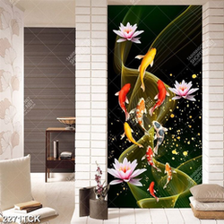 Tranh bông hoa sen tím và cá chép bơi trong làn nước Tranh bông hoa sen tím và cá chép bơi trong làn nước