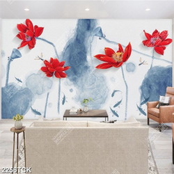 Tranh những bông hoa sen màu đỏ rực bên đàn cá chép Tranh những bông hoa sen màu đỏ rực bên đàn cá chép