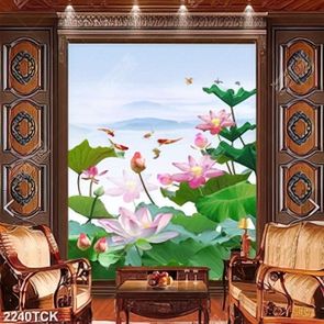 Tranh hồ cá chép phủ đầy những bông hoa sen hồng Tranh hồ cá chép phủ đầy những bông hoa sen hồng