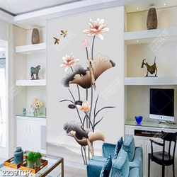 Tranh giả ngọc hồ cá chép bên hoa sen hồng in tường Tranh giả ngọc hồ cá chép bên hoa sen hồng in tường