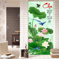 Tranh cá chép bên những bông hoa sen hồng và chim ri Tranh cá chép bên những bông hoa sen hồng và chim ri