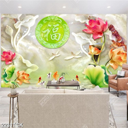 Tranh giả ngọc những bông sen hồng bên đàn cá in 3d Tranh giả ngọc những bông sen hồng bên đàn cá in 3d