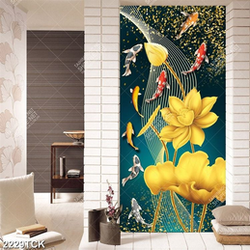 Tranh hồ hoa sen vàng và đàn cá nhiều màu sắc trong đêm Tranh hồ hoa sen vàng và đàn cá nhiều màu sắc trong đêm