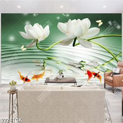 Tranh những bông hoa sen trắng bên hồ cá chép vàng Tranh những bông hoa sen trắng bên hồ cá chép vàng