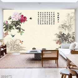 Tranh hoa mẫu đơn và chữ thư pháp