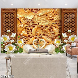 Tranh cá chép điêu khắc gỗ và những bông hoa sen trắng Tranh cá chép điêu khắc gỗ và những bông hoa sen trắng