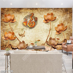 Tranh điêu khắc gỗ hoa sen bên chú chim non in tường Tranh điêu khắc gỗ hoa sen bên chú chim non in tường