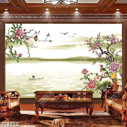 Tranh hoa mẫu đơn và người lái đò