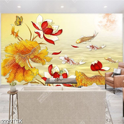 Tranh in tường đầm hoa sen vàng bên đàn cá chép bơi lội Tranh in tường đầm hoa sen vàng bên đàn cá chép bơi lội