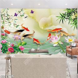 Tranh decor hoa sen và đàn cá chép giả ngọc trong đầm Tranh decor hoa sen và đàn cá chép giả ngọc trong đầm